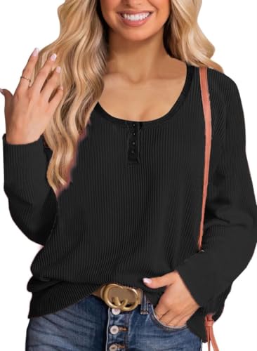 CNFUFEN Damen Pullover Einfarbig Langarm Oberteil Herbst Outfit Damen Locker Kleidung Mit Knopfleiste Vorne Schwarz Größe S(32-34) von CNFUFEN