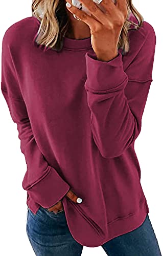 CNFUFEN Damen Pullover Lässig Sweatshirts Für Damen Einfarbig Pulli Damen Oversize Long Sleeve Oberteile Weinrot Größe XL(44-46) von CNFUFEN