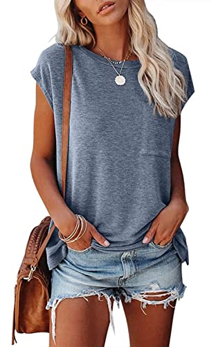 CNFUFEN Tshirt Damen Shirt Damen T-Shirts Für Damen Basic Shirt Damen Tshirt Damen Oversize Herbst Mode Damen Longshirt Damen Kurzarm Blau Klein von CNFUFEN