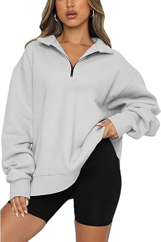 CNFUFEN Damen Sweatshirt Pullover Oversize Damen Winter Warm Oberteile Damen Einfarbig Langarmshirt Grau Größe XXL(46-48) von CNFUFEN