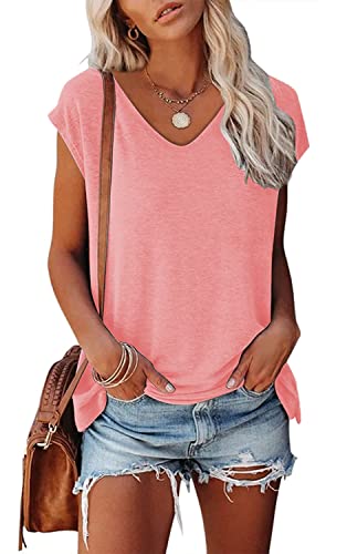 CNFUFEN T-Shirt Damen Einfarbiges Tops Für Damen Shirt Lässige Pullover Leicht Und Luftig Elegant Sommer Party Outfit Tops Für Damen Kurzarm Rosa L von CNFUFEN