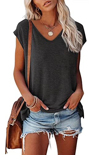 CNFUFEN Damen Tshirt Einfarbige Sommer Outfits Tops Teenager Mädchen U-Ausschnitt Shirts Sexy Oberteil Damen Kurzarm Top Elegant Pullover Schwarz S von CNFUFEN