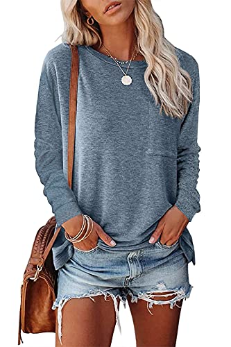 CNFUFEN Damenblusen Langarm Blusenshirt Damen Langarm Basic Tshirt Damen Bluse Langarm Pullover Damen Langarmshirt Damen Blau Medium von CNFUFEN