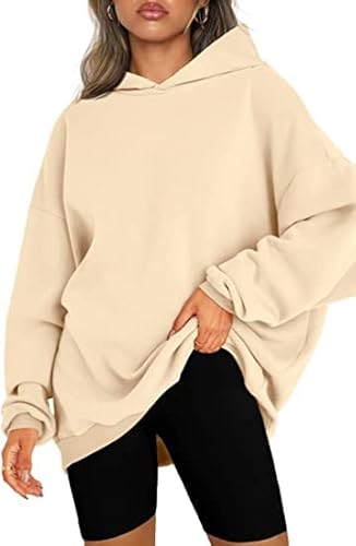 CNFUFEN Hoodie Damen Winter Fleecepullover Oversize Pullover Einfarbig Sweatshirt Basic Oberteile Beige Größe L(40-42) von CNFUFEN