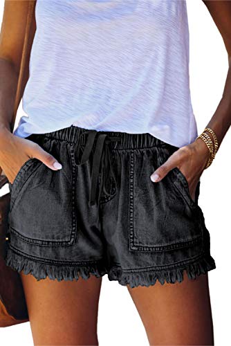 CNFUFEN Kurze Hose Damen Jeans Shorts Damen Bequeme Lässig Breite Jeans Damen Große Größen Damen Damen Shorts Sommer Gummizug Mit Taschen Schwarzet M von CNFUFEN