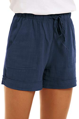 CNFUFEN Kurze Sporthose Damen Baggy Kurze Hose Damen High Waist Shorts Hose Große Größen Damen Short Stretch Bequeme Kurze Hose Damen Leinen Dunkelblau L von CNFUFEN