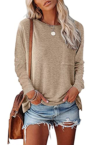 CNFUFEN Tshirt Damen Langarm Langarmshirt Damen Shirt Langarm Damen Langarmshirts Für Damen Longshirt Damen Langarm Khaki Klein von CNFUFEN