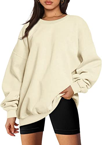 CNFUFEN Loose Sweatshirt Damen Rundhals Langarm Pullover Frauen Winter Fleece Oberteile Basic Kleidung Beige Größe L(40-42) von CNFUFEN