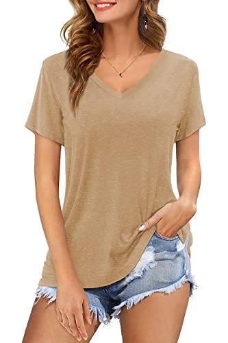 CNFUFEN T-Shirts Für Damen Tunika Damen Mode Basic Top Business Outfit Damen Locker Atmungsaktiv V-Ausschnitt Shirts Trend Basic Shirt Damen Polyester Khaki XL von CNFUFEN