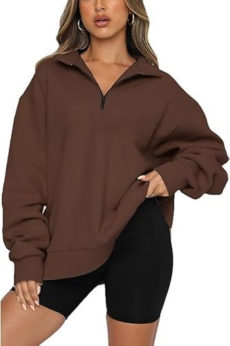 CNFUFEN Zipper Hoodie Damen Pullover Damen Winter Fleece Sweatshirt Langarm Oberteile Damen Kleidung Braun Größe M(36-38) von CNFUFEN