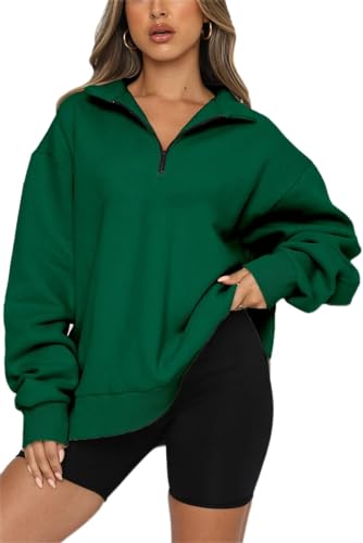 CNFUFEN Damen Sweatshirt Damenpullover Langarm Hoodie Damen Oversize Basic Zip Oberteile Pulli Damen Grün Größe XXL(46-48) von CNFUFEN