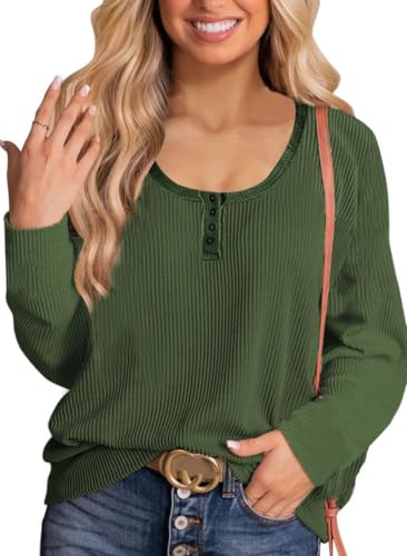 CNFUFEN Pullover Für Damen Lässig Long Sleeve Shirt Women Herbst Outfit Damen Einfarbig Kleidung Grün Größe XL(44-46) von CNFUFEN