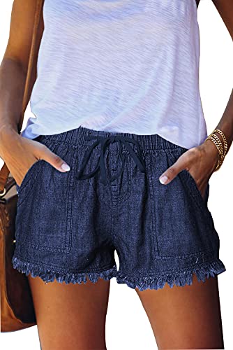 CNFUFEN Shorts Damen Kurze Jeanshose Damen Kurze Hosen Damen Sommer Hotpants Damen Jeans Baumwolle Kordelzugdesign Baggy Mädchen Hosen Stoff Blau L von CNFUFEN