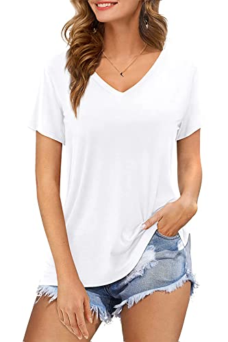 CNFUFEN Weisses t Shirt Damen V-Ausschnitt Shirts Einfarbiges Tops Für Damen Shirt Sommer Atmungsaktiv Strandmode Party Damen Tshirt Polyester Weiß L von CNFUFEN