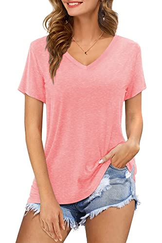 CNFUFEN T-Shirt Damen Einfarbiges Tops Für Damen Shirt Lässige Pullover Leicht Und Luftig Elegant Sommer Party Outfit Tops Für Damen Kurzarm Rosa S von CNFUFEN