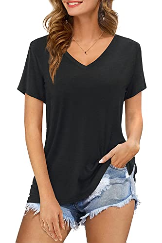 CNFUFEN Tshirt Damen Dünne Pullover Damen Lässiger Strandmode Sommer Outfits Damen Shirt Elegant Locker Atmungsaktiv Damen Pullover V-Ausschnitt Schwarz L von CNFUFEN