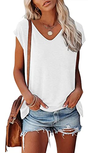 CNFUFEN Tshirt Damen U-Ausschnitt Shirts Einfarbiges Tops Für Damen Shirt Lässige Pullover Elegant Shirt Damen Kurzarm Weiß S von CNFUFEN