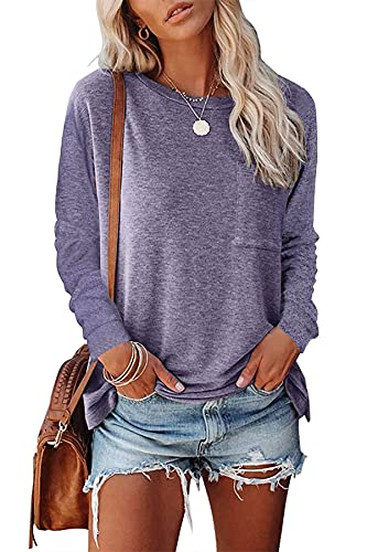 CNFUFEN Damenblusen Langarm Blusenshirt Damen Langarm Basic Tshirt Damen Bluse Langarm Pullover Damen Langarmshirt Damen Violett Klein von CNFUFEN