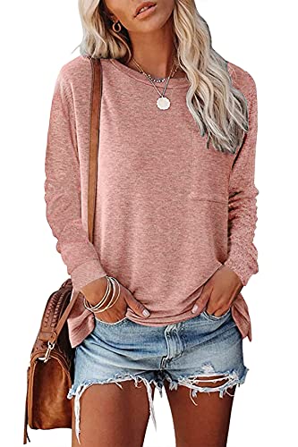 CNFUFEN Oberteile Damen Herbst Longshirt Damen Shirt Langarm Damen Langarmshirts Für Damen Sexy Oberteil Damen T Shirt Damen rosa Klein von CNFUFEN