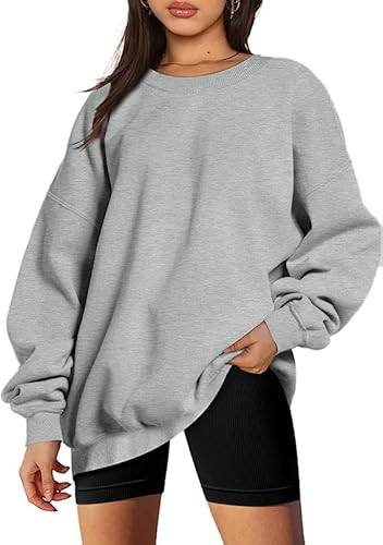 CNFUFEN Winter Einfarbig Pullover Damen Sweatshirt Damen Ohne Kapuze Langarm Oversize Oberteile Grau Größe XXL(46-48) von CNFUFEN