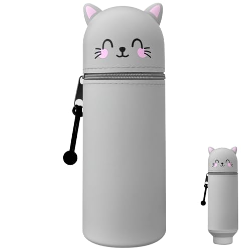 CNMTCCO Silikon Federmäppchen,2 in 1 Weiche Silikontasche mit Zip Tier Stifthalter,Cartoon Federmäppchen,Schulmäppchen aus weichem Silikon für Schule und Büro (Graue Katze) von CNMTCCO