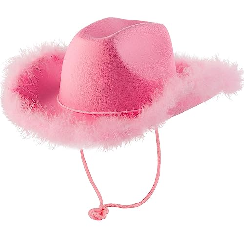 Cowboyhut Damen mit Federn Dekoration Pink Cowboy Hut Erwachsene Rosa Pelzbesatz Breite Cowgirl Hut Fasching Westernhut Partyhüte für Party Halloween Karneval Kostüm Kostümzubehör von CNNBYYDS
