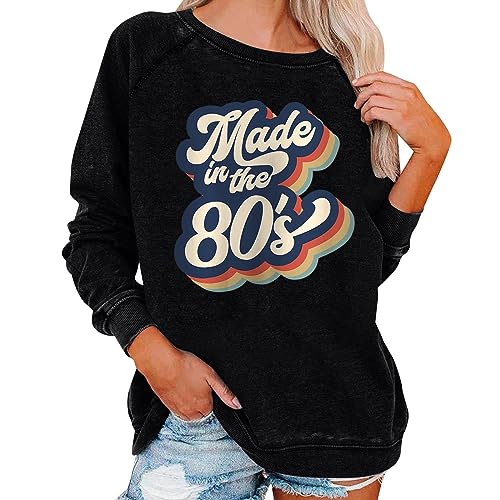 CNNBYYDS Damen Oversized Sweatshirt Sexy 80er Jahre Outfit Rundhals Langarm Casual Loose Langarmshirt Pullover Herbst Winter Locker Bedrucktes Oberteile Elegante Tops Vintage Drucken Bluse (Black, M) von CNNBYYDS