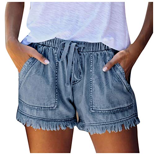 CNNBYYDS Damen-Shorts Kurze Jeanshose Damen Sommer Bequemer Weicher Denim Shorts Gummiband Hotpants Weite Kurze Hosen Damen Bermuda Shorts mit Kordelzug Stoffhose Kurz Strandhose Jeansshorts von CNNBYYDS