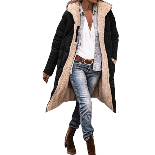 CNNBYYDS Damen Warm Wintermantel Reversibel Sherpa Fleecejacke Lang Pufferjacke mit Kapuze Frauen Oberbekleidung Winter Warme Jacke Outdoorjacke Steppjacke Steppmantel Daunenjacke von CNNBYYDS