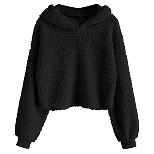 CNNBYYDS Hoodie Damen Pullover Kurz Sweatjacke Cropped Kapuzenpullover Langarm Oberteile Mädchen Bauchfrei Sweatshirt mit Kapuze Teddy Fleece Jacke Outwear Crop Top von CNNBYYDS