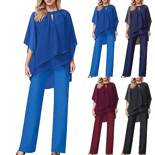 CNNBYYDS Hosenanzug Damen Festlich Elegant Tüll Abendanzug Sets Zweiteiler Damen Elegant Fledermausärmel Chiffon Shirt+Hohe Taille Hosenanzug Vintage 2-Teiliges Set (L, Blau) von CNNBYYDS