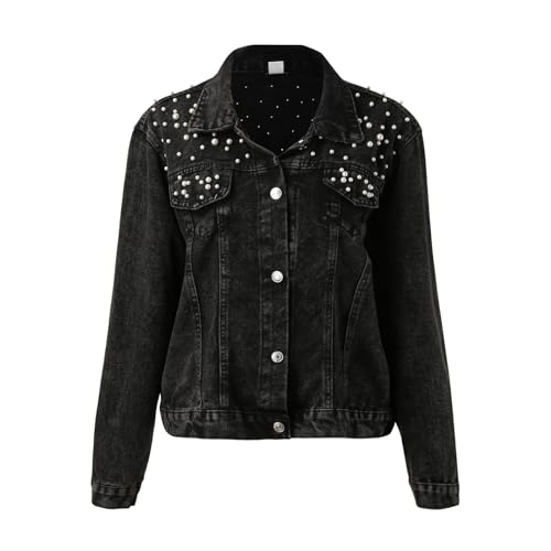 CNNBYYDS Jeansjacke Damen mit Perlen Vintage Kurz Jeansjacke Übergangsjacke Leichte Jacke Denim Casual Langarm Strickjacke Jeansmantel Mantel Outwear Streetwear Boyfriend Damen-Jacken (Black, S) von CNNBYYDS