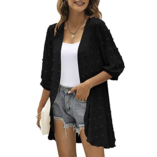 CNNBYYDS Kimono für Damen Sommer Elegant Swiss Dot Chiffon Open Front Kimono Cardigan Leichter Drapierter Cardigan Outwear Lang Strandkleid Bikini Cover Up Sommer Boho 3/4 Arm Strickjacke Beachwear von CNNBYYDS