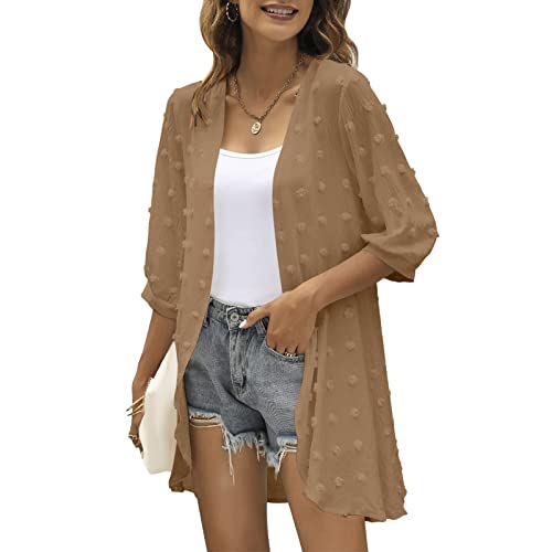 CNNBYYDS Kimono für Damen Sommer Elegant Swiss Dot Chiffon Open Front Kimono Cardigan Leichter Drapierter Cardigan Outwear Lang Strandkleid Bikini Cover Up Sommer Boho 3/4 Arm Strickjacke Beachwear von CNNBYYDS