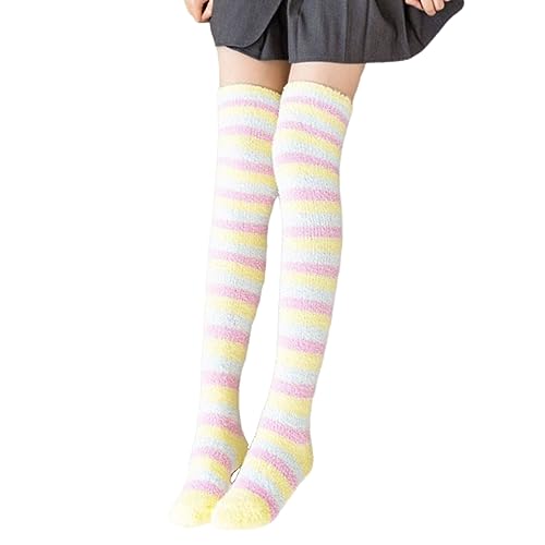 CNNBYYDS Kniestrümpfe Damen Streifen Lange Strümpfe Flauschig Warme Winter Teddy Fleece Overknees Strümpfe Hohe Socken Bunt Gestreift Knee High Socks Mehrfarbig Lange Socken Haussocken Wintersocken von CNNBYYDS