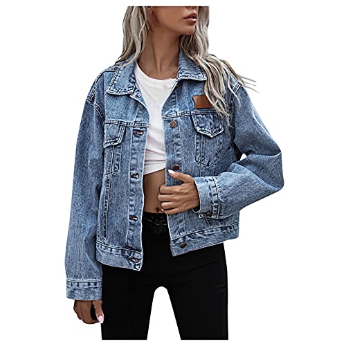 CNNBYYDS Oversize Jeansjacke Damen Jeans Jacke Langarm Einfarbig Knopf Kurze Jeansjacke mit Taschen Sommerjack Übergangsjacke Leichte Jacken für Frauen Fashion Aesthetic Vintage Streetwear von CNNBYYDS