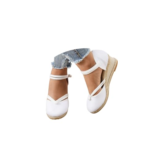 CNNBYYDS Sandalen Damen Geschlossene Espadrilles Keilsandalen Elegant Plateau Wedges Sandaletten mit Knöchelriemen Atmungsaktiv Linen Geflochtene Keilabsatz Sommerschuhe Frauen Weite H Strandsandalen von CNNBYYDS