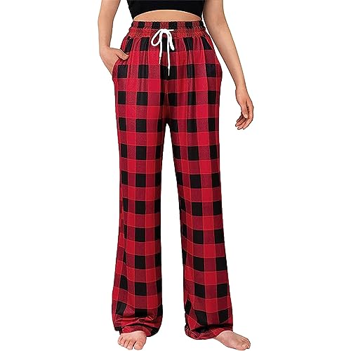 Christmas Pyjama Hosen Damen Baumwolle Weich Schlafanzughose Lang Karierte Winter Pyjamaunterteil Nachtwäsche Pyjamahose Damen Haushose mit Gummizug Lässig Locker Weites Bein Freizeithose Hausanzug von CNNBYYDS