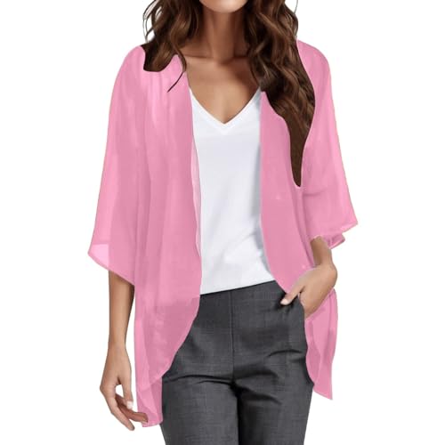 Damen Sommer Chiffon Kimono Cardigan Leicht Casual 3/4 Ärmel Beachwear Bikini Cover Up Strickjacke Einfarbige Leichte Sommerjacke Strand Shawl Bluse Oberteil Tops Offene Front Jacke (ZZ1-Hot Pink, M) von CNNBYYDS