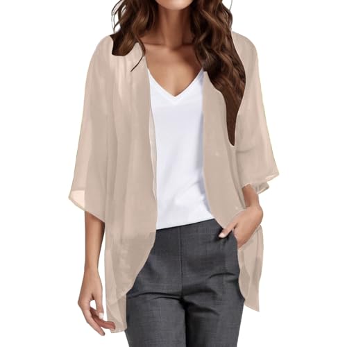 Damen Sommer Chiffon Kimono Cardigan Leicht Casual 3/4 Ärmel Beachwear Bikini Cover Up Strickjacke Einfarbige Leichte Sommerjacke Strand Shawl Bluse Oberteil Tops Offene Front Jacke für (ZZ1-Khaki, L) von CNNBYYDS