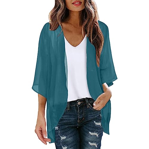 Damen Sommer Chiffon Kimono Cardigan Leicht Casual 3/4 Ärmel Beachwear Bikini Cover Up Strickjacke Einfarbige Leichte Sommerjacke Strand Shawl Bluse Oberteil Tops Offene Front Jacke für Sommer von CNNBYYDS