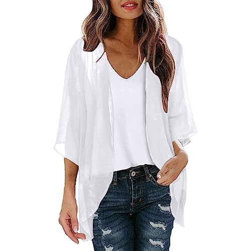 Damen Sommer Chiffon Kimono Cardigan Leicht Casual 3/4 Ärmel Beachwear Bikini Cover Up Strickjacke Einfarbige Leichte Sommerjacke Strand Shawl Bluse Oberteil Tops Offene Front Jacke für Sommer von CNNBYYDS