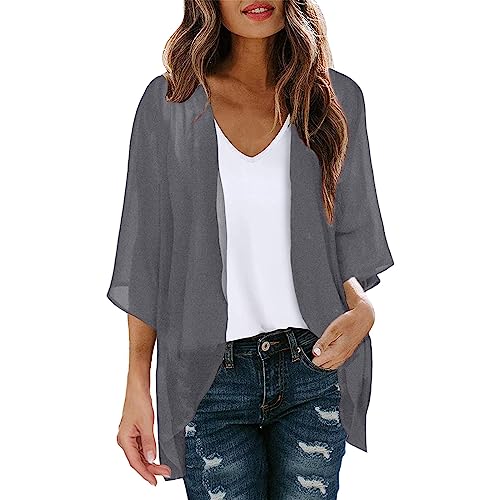 Damen Sommer Chiffon Kimono Cardigan Leicht Casual 3/4 Ärmel Beachwear Bikini Cover Up Strickjacke Einfarbige Leichte Sommerjacke Strand Shawl Bluse Oberteil Tops Offene Front Jacke für Sommer von CNNBYYDS