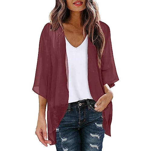 Damen Sommer Chiffon Kimono Cardigan Leicht Casual 3/4 Ärmel Beachwear Bikini Cover Up Strickjacke Einfarbige Leichte Sommerjacke Strand Shawl Bluse Oberteil Tops Offene Front Jacke für Sommer von CNNBYYDS