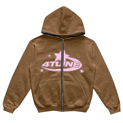 Damen Y2K Jacke 4TUNE Zip Up Hoodie Sterne Motiv Graphics Harajuku Kapuzenpullover für Frauen Langarm Hoodie OversizedSweatshirt Vintage Kapuzenjacke Sweatjacke mit Kapuze 90er E-Girl Top Mantel von CNNBYYDS