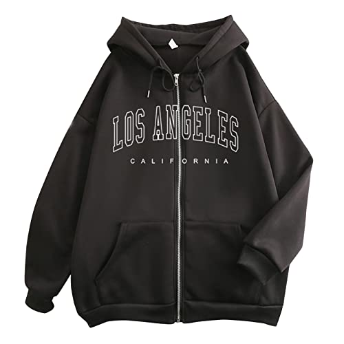 Damen Y2K Jacke Loose Pullover Full Zipper Hoodie Los Angeles Brief Langarm Oversized Sweatshirt mit Kapuze Harajuku Streetwear Vintage Kapuzenjacke Sweatjacke 90er E-Girl Tops Herbst Winter Outwear von CNNBYYDS