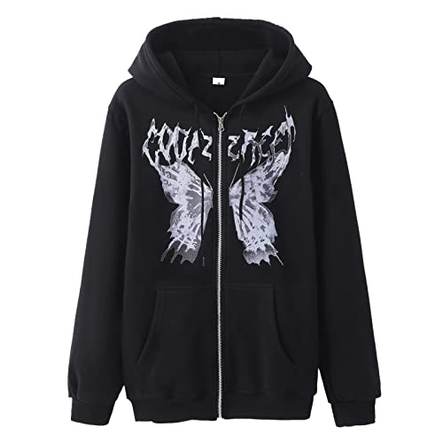 Damen Y2k Zip Up Hoodie Sweatjacke Damen mit Kapuze Vintage Hoodies Goth Skeleton Graphic Oversized Kapuzenpullover Sweatshirt Jacke mit Kapuzen Herbstjacke Mantel Teenager Mädchen 90er E-Girl Tops von CNNBYYDS