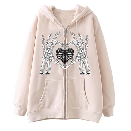 Damen Y2k Zip Up Hoodie Sweatjacke Damen mit Kapuze Vintage Hoodies Goth Skeleton Graphic Oversized Kapuzenpullover Sweatshirt Jacke mit Kapuzen Mantel Outwear Teenager Mädchen 90er E-Girl Tops von CNNBYYDS