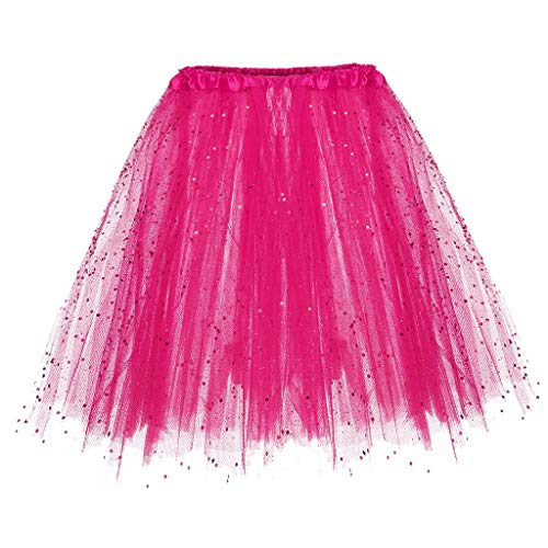 Faschingskostüme Damen Tüllrock Retro 80er Tütü Rock Minirock Petticoat Tanzkleid Dehnbaren Tutu Rock Erwachsene Ballettrock Tüllrock für Party Ballett Tanzen Karneval Kostüm (ZZX1-Hot Pink, One Size) von CNNBYYDS