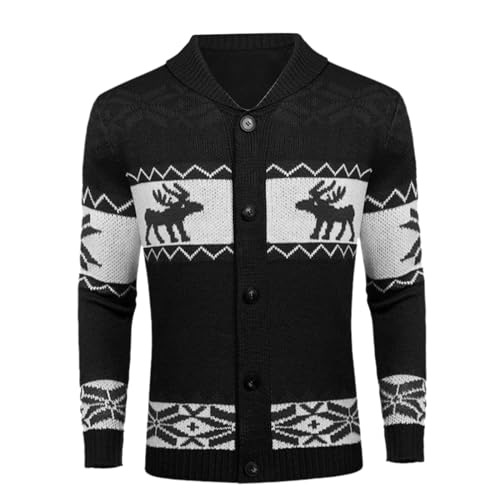 Herren Strickjacke Weihnachtspullover V-Ausschnitt Rentier Norweger Pullover Jacke mit Knopfleiste Männer Jacke Herbst Winter Weihnachts Muster Ugly Christmas Sweater Slim Fit Weihnachten Cardigan von CNNBYYDS